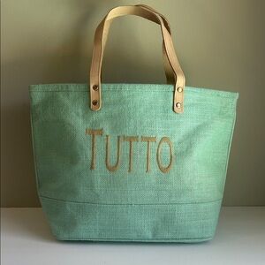 NWOT Ballard Jute Tote Bag in Teal with ‘Tutto’ Embroidered Design
